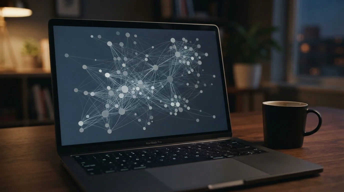 Pantalla con diagrama abstracto de nodos que ilustra trazabilidad on-chain