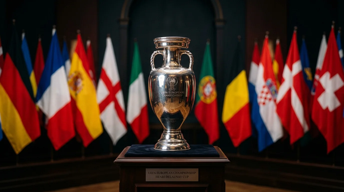 Trofeo de la Eurocopa con banderas de selecciones favoritas de fondo