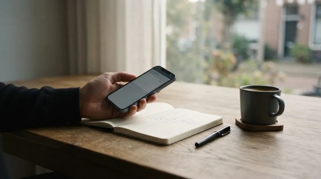 Persona revisando una app de apuestas en el móvil junto a una libreta de cuentas