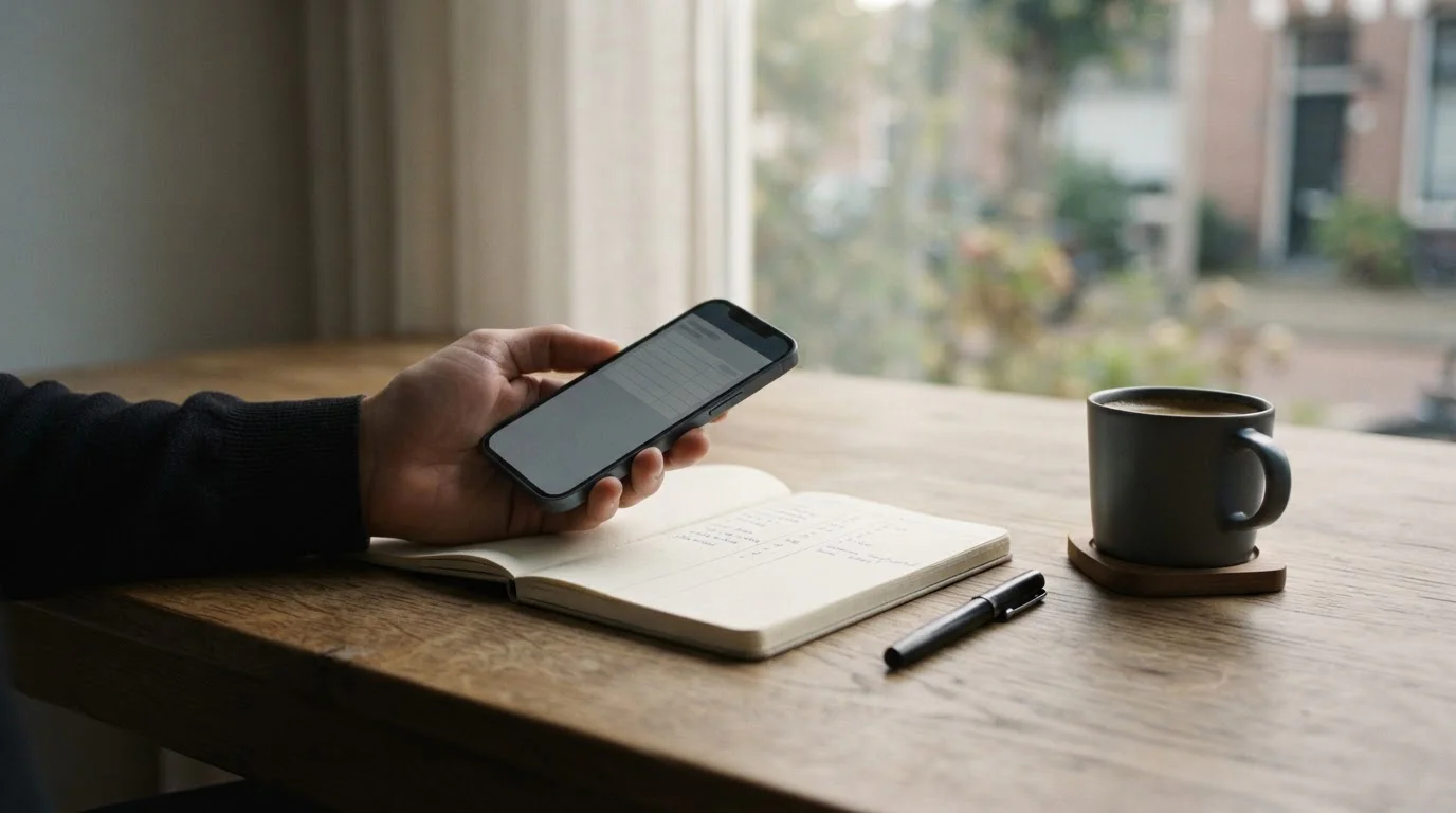Persona revisando una app de apuestas en el móvil junto a una libreta de cuentas