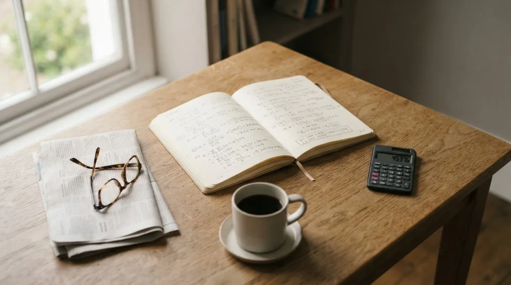 Mesa de trabajo con calculadora y cuaderno para analizar apuestas sin ingreso