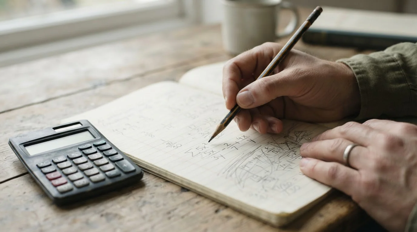 Cuaderno con cálculos manuscritos y una calculadora sobre un escritorio claro