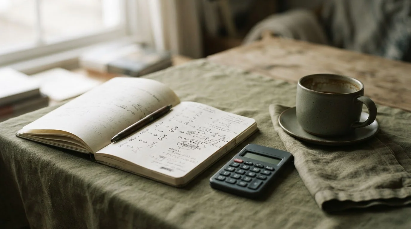 Cuaderno con anotaciones abstractas y una calculadora junto a una taza