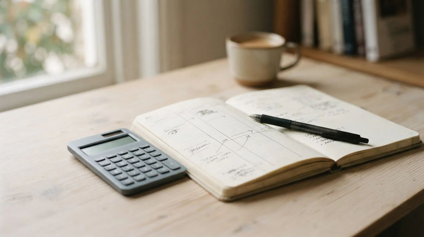 Calculadora antigua y una libreta con columnas manuscritas sobre una mesa clara