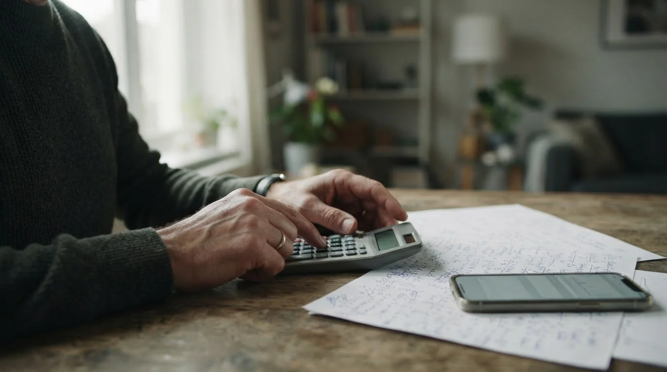Manos sujetando una calculadora junto a hojas con anotaciones y un smartphone