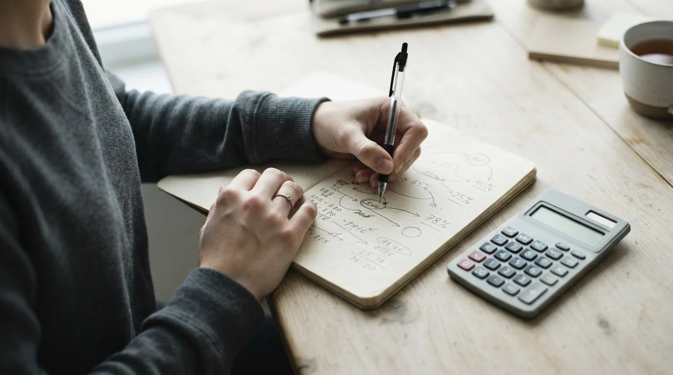 Manos escribiendo cálculos a lápiz sobre un cuaderno junto a una calculadora