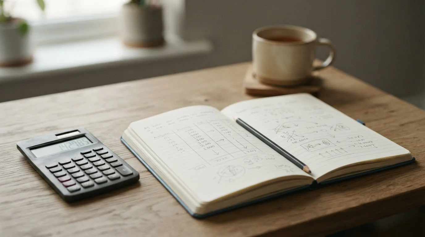 Calculadora sencilla junto a un cuaderno con columnas manuscritas para desglosar un bono