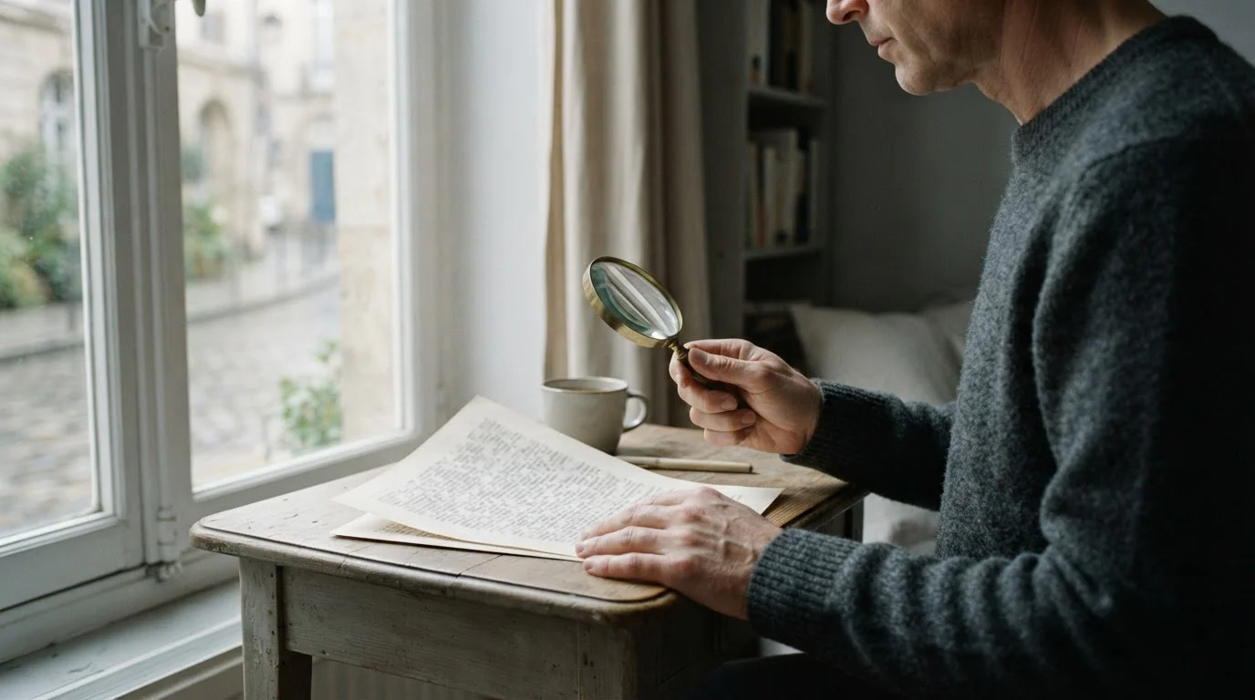 Persona leyendo un documento impreso con lupa junto a la ventana