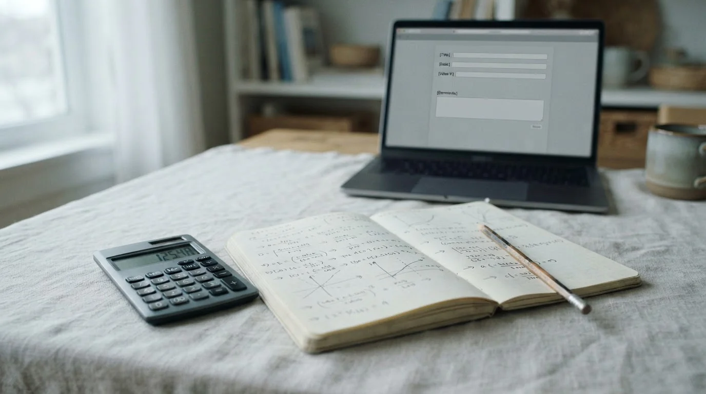 Calculadora y cuaderno con anotaciones sobre el cálculo del rollover