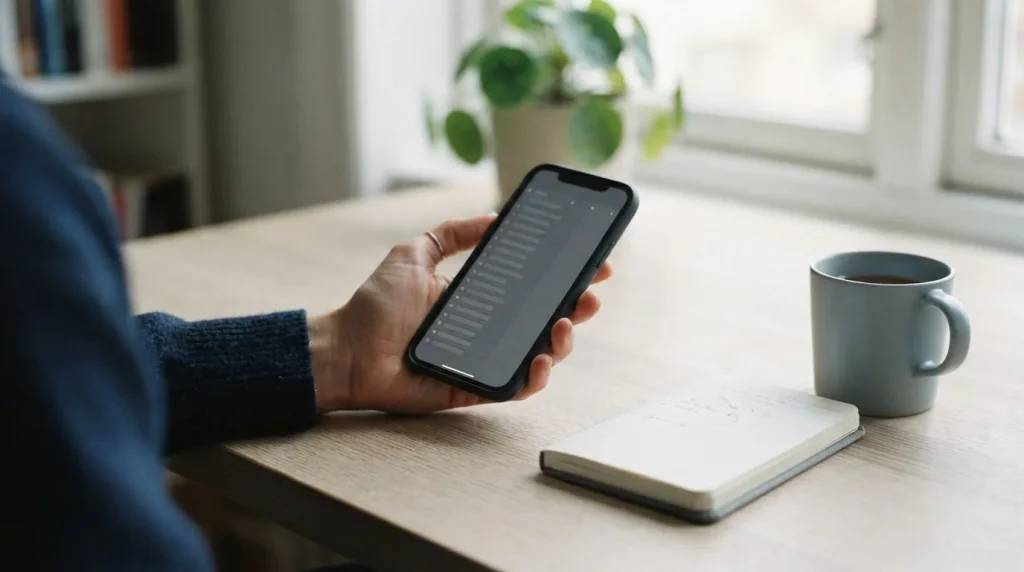 Mano sostiene un smartphone con una pantalla neutra que representa un pago móvil instantáneo
