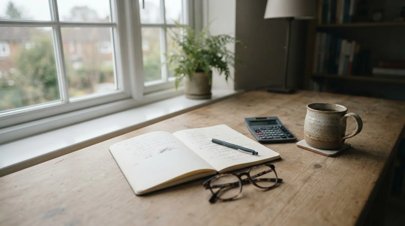 Escritorio con calculadora y cuaderno bajo luz natural, símbolo del análisis del depósito mínimo