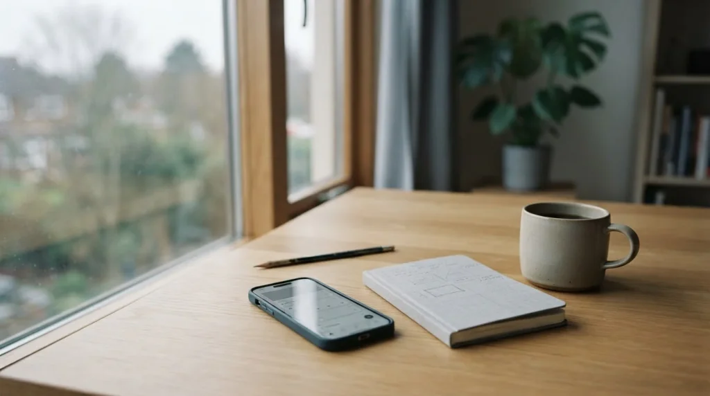 Escritorio con smartphone y cuaderno de notas sobre pagos móviles en España