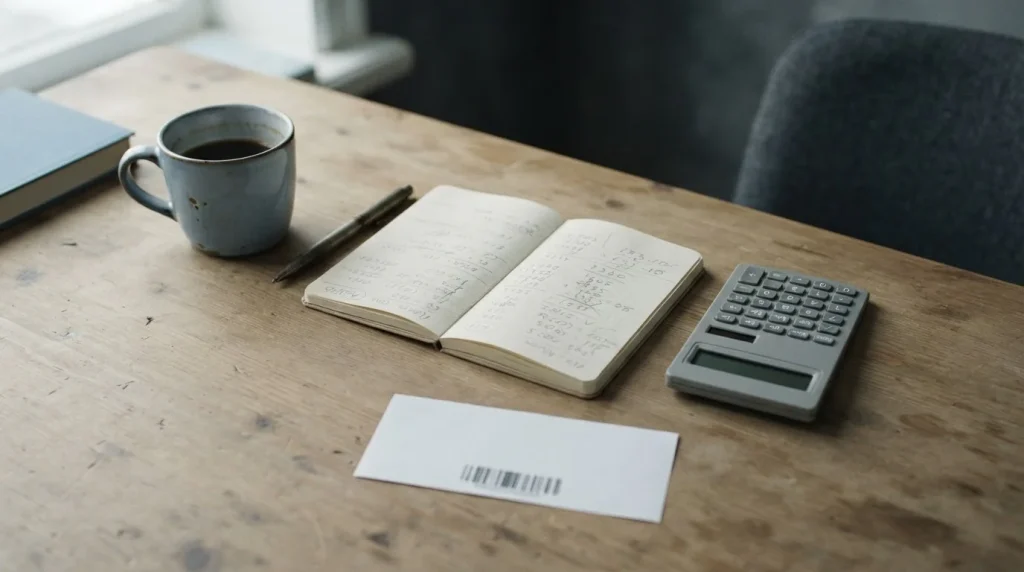 Escritorio con cupón prepago y libreta de cálculos sobre apuestas online en España