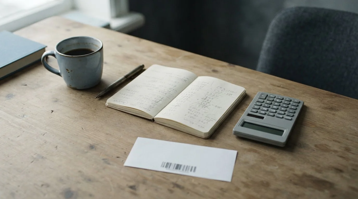 Escritorio con cupón prepago y libreta de cálculos sobre apuestas online en España