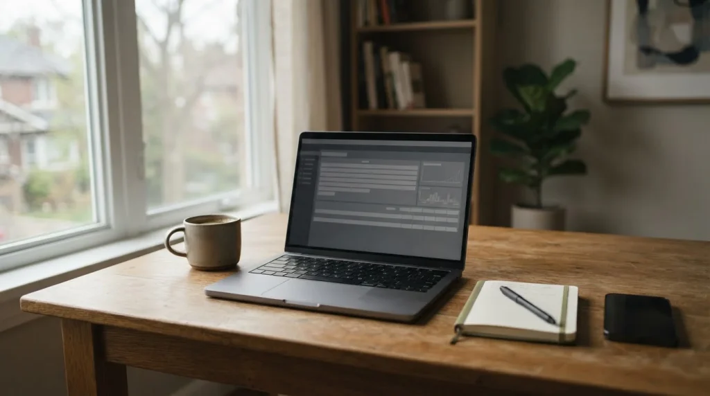 Escritorio sereno con portátil abierto y taza de café junto a una ventana con luz suave