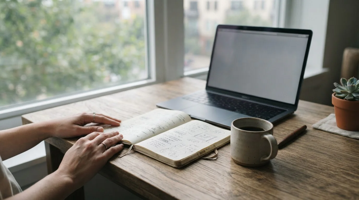 Escritorio con ordenador portátil y libreta junto a una ventana, ambiente sobrio de análisis financiero