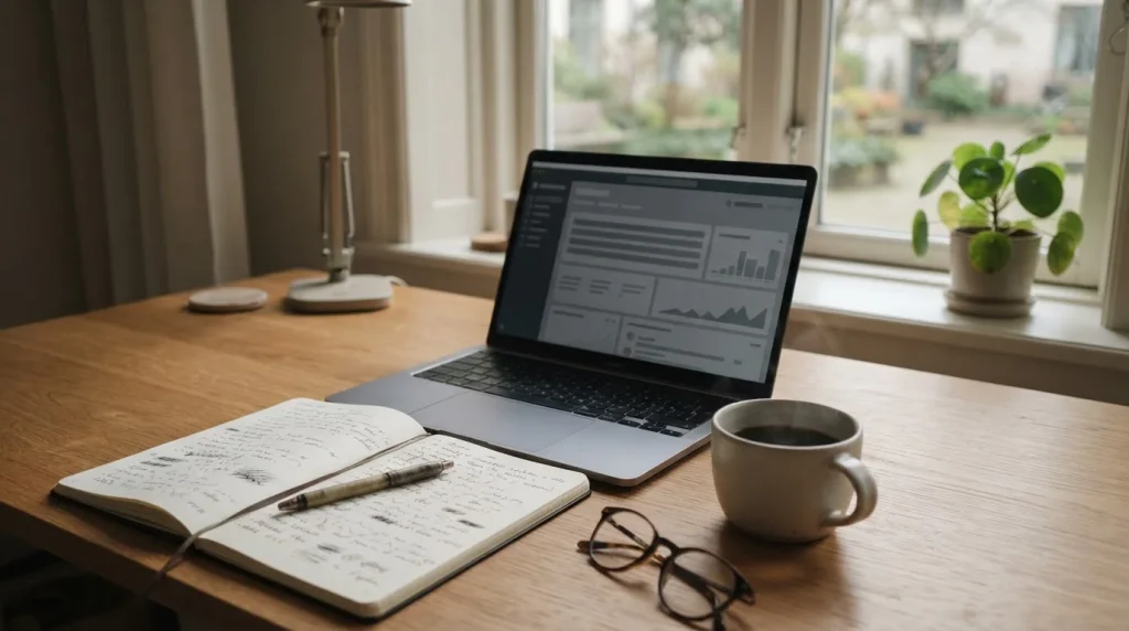 Escritorio editorial con portátil y cuaderno de notas sobre apuestas online en España