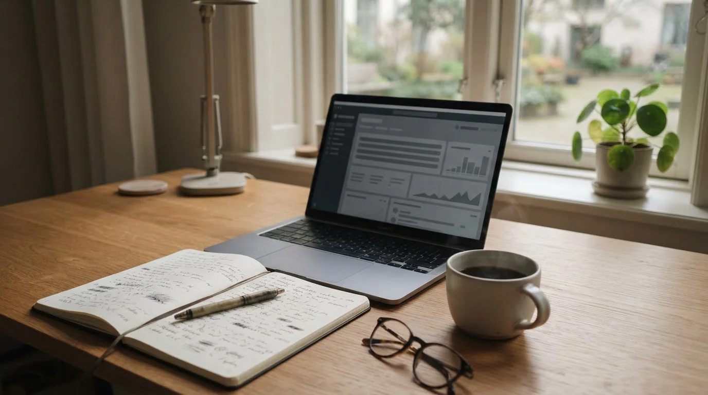 Escritorio editorial con portátil y cuaderno de notas sobre apuestas online en España