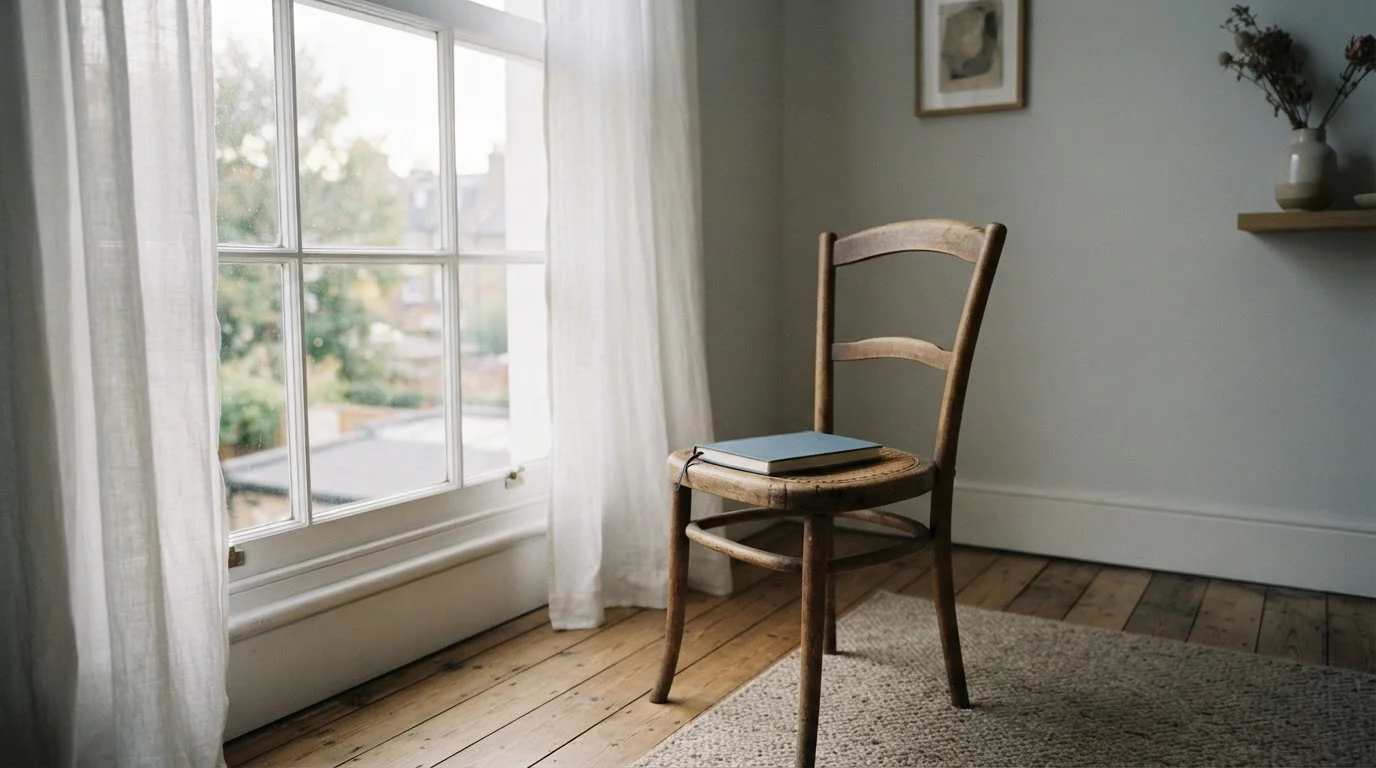 Silla vacía junto a una ventana con luz tenue del atardecer