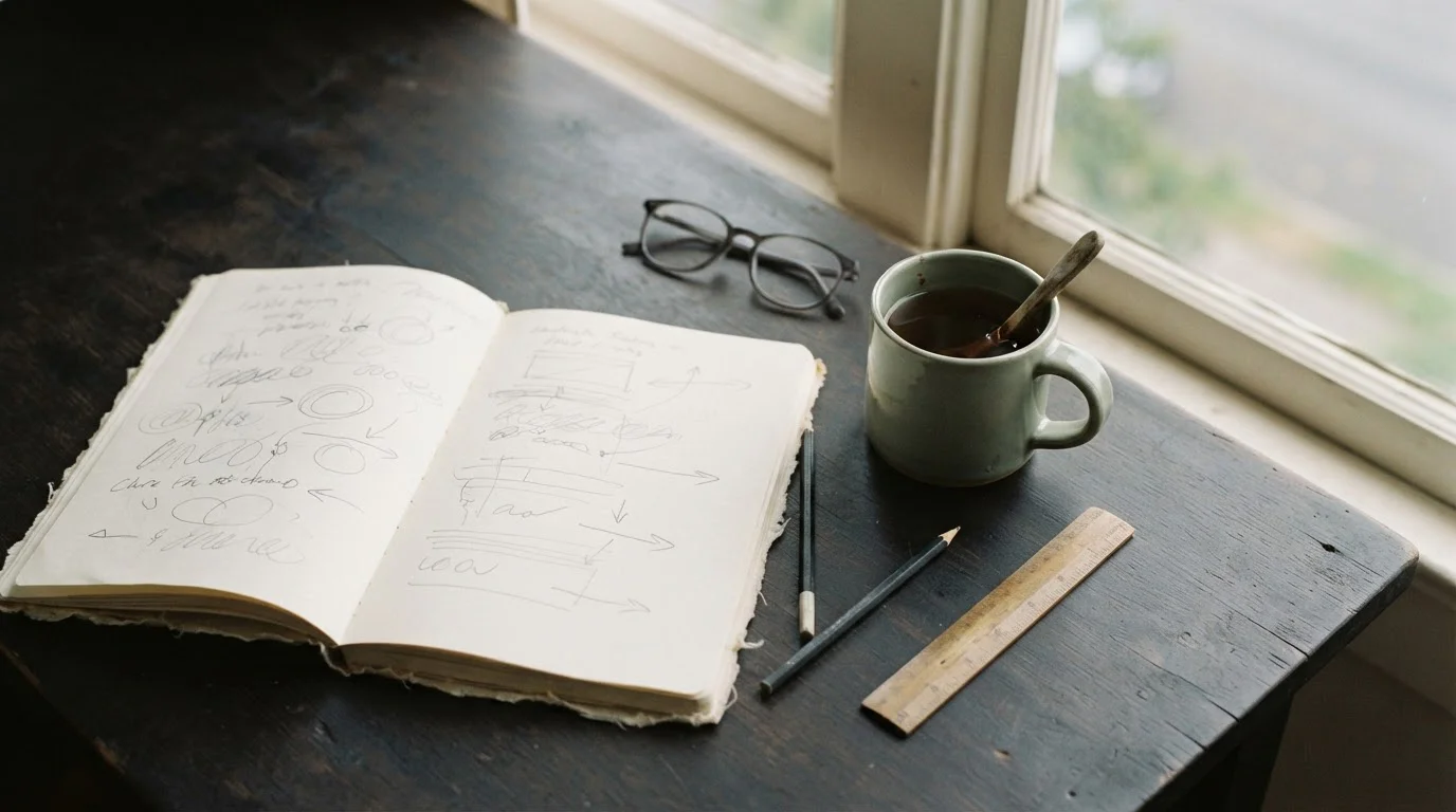 Cuaderno abierto con anotaciones abstractas y una taza junto a una ventana con luz tenue