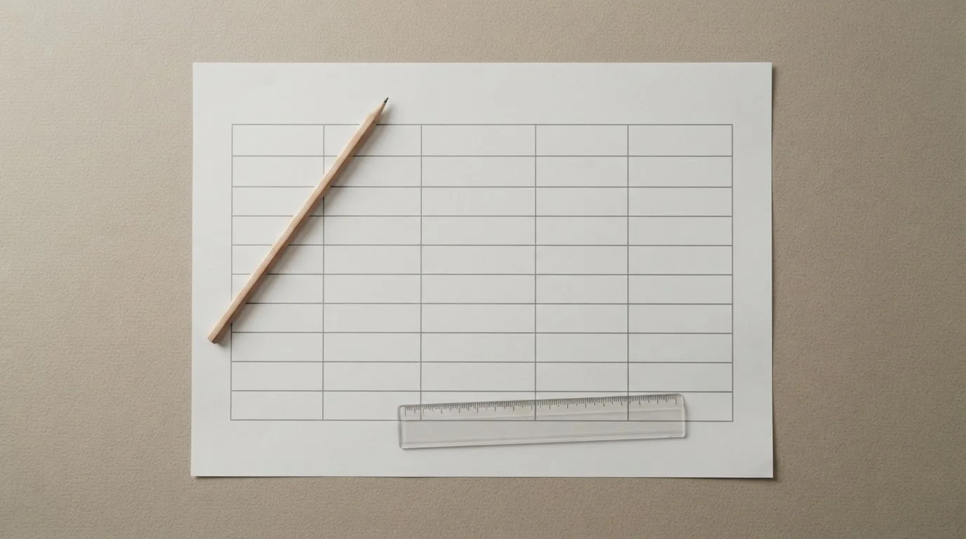 Tabla comparativa impresa con filas y columnas neutras sobre una mesa