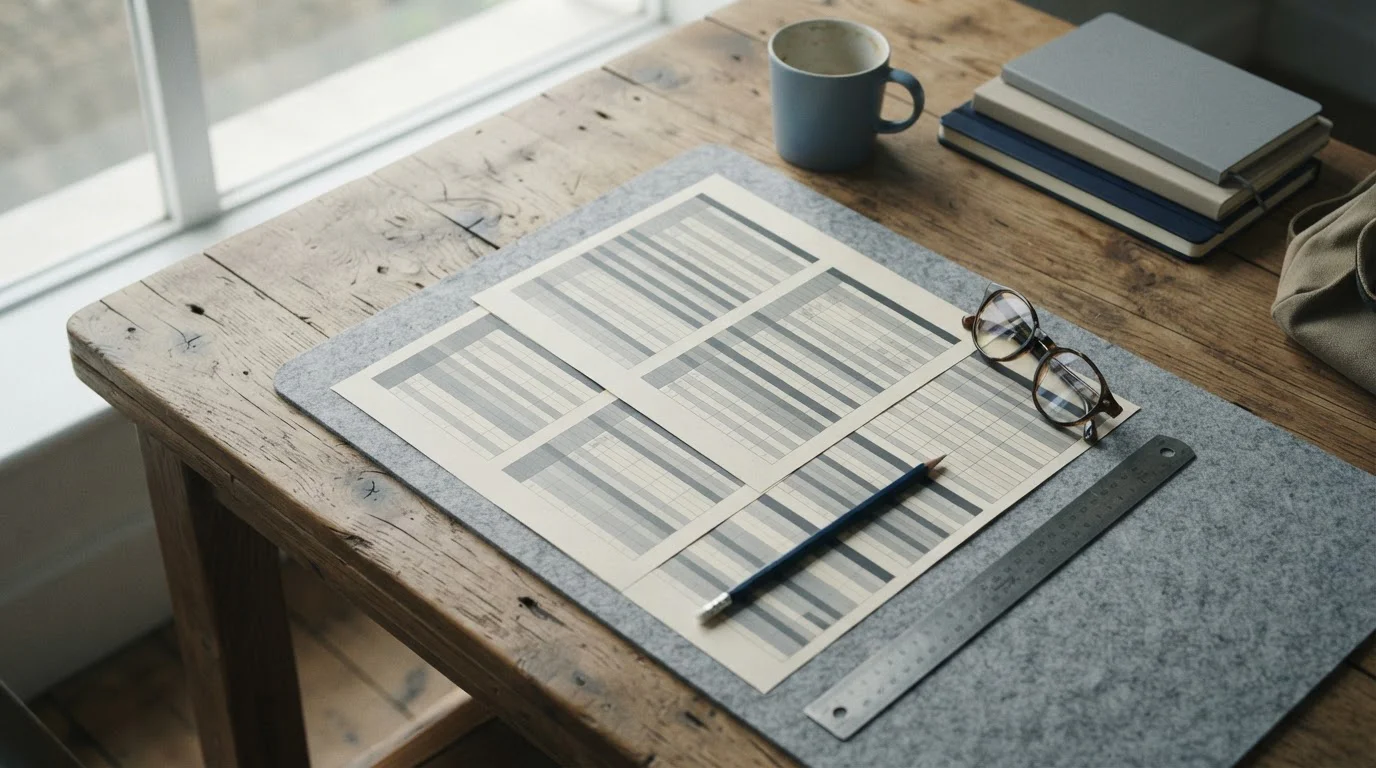 Mesa con documentos impresos mostrando filas y columnas grises comparativas