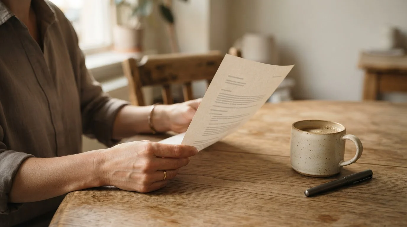 Manos sujetando un documento impreso junto a una taza de café sobre mesa clara