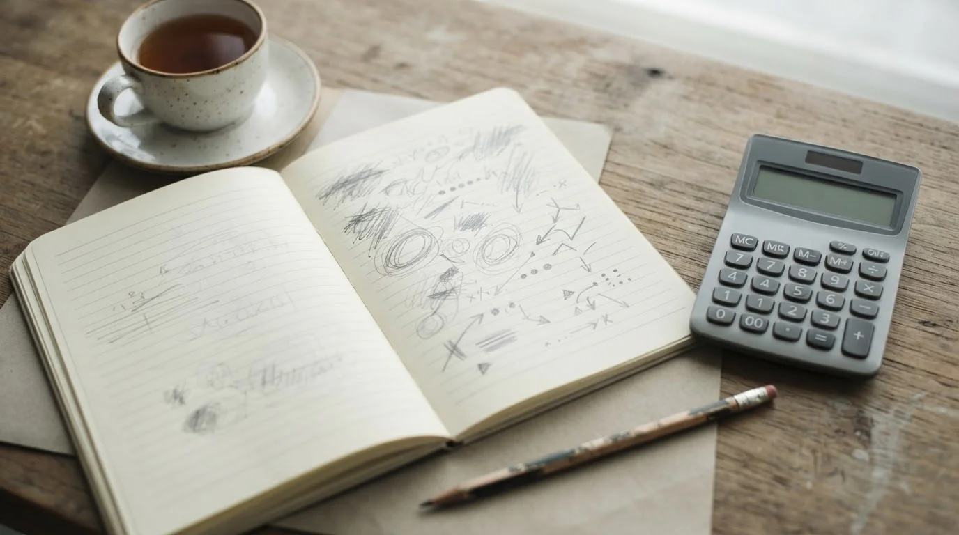 Cuaderno con cálculos a mano y una calculadora sencilla sobre una mesa