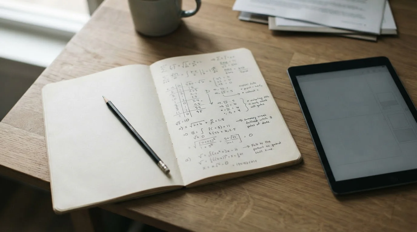 Cuaderno con cálculos y balance final sobre una mesa sobria