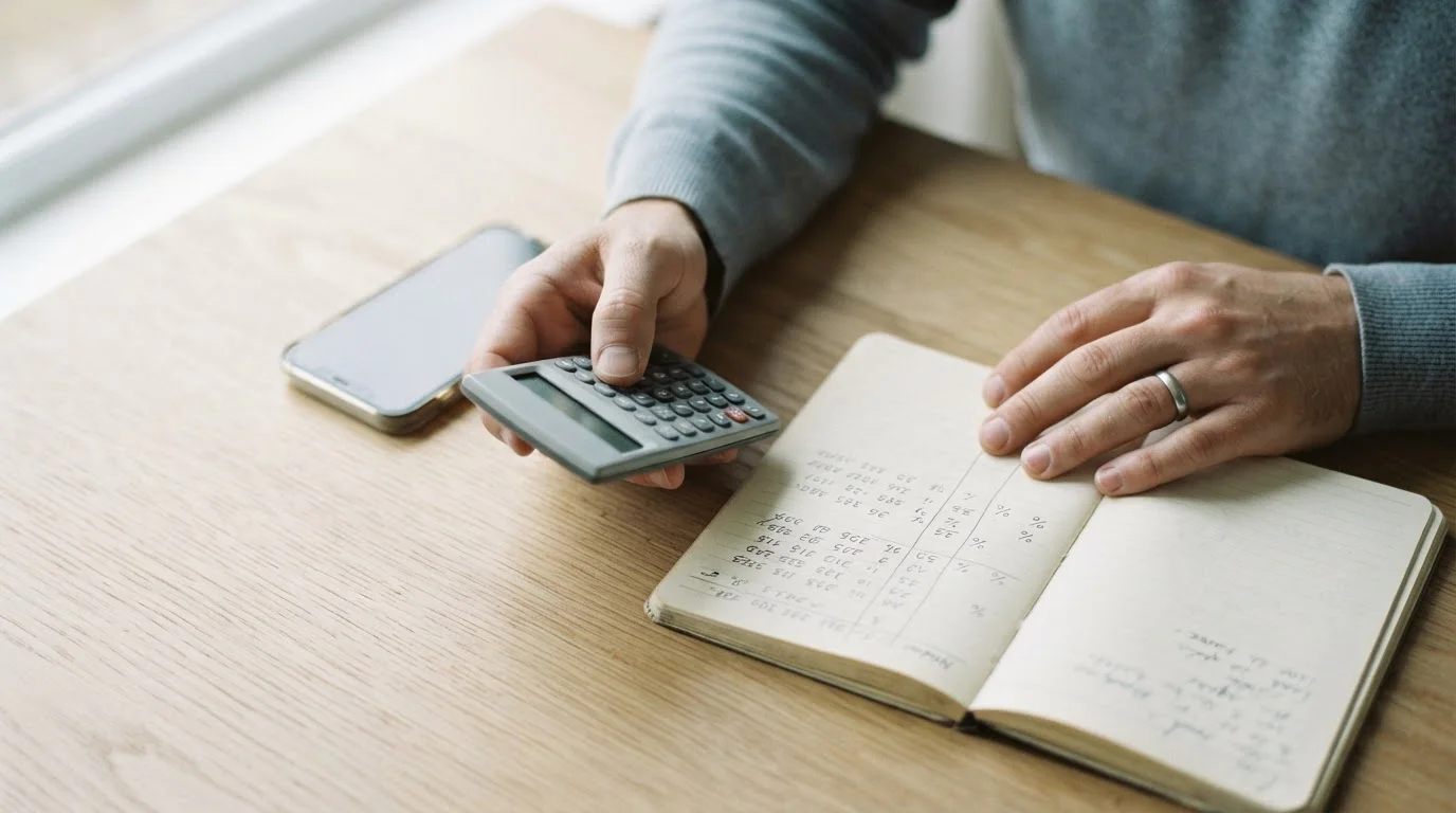 Manos calculando comisiones de un monedero digital sobre una mesa clara
