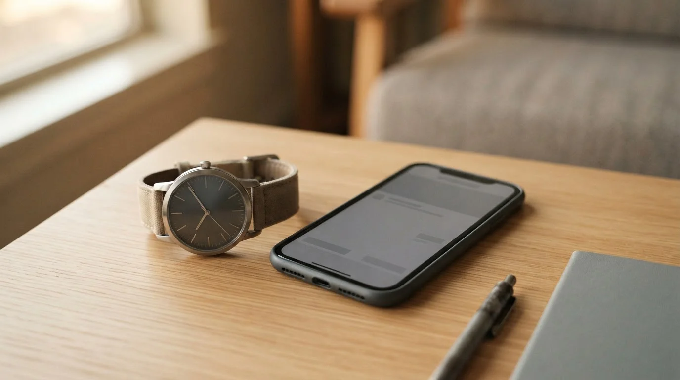 Reloj de pulsera y smartphone sobre una mesa minutos antes de un partido