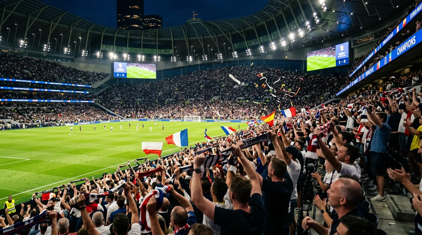 Aficionados celebrando un gol durante un partido de la Eurocopa en el estadio