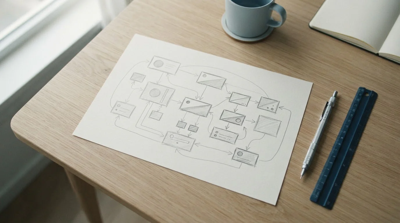 Diagrama abstracto sobre papel que representa el recorrido de un pago con tarjeta