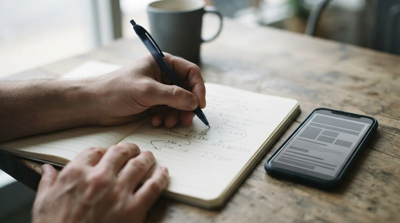 Manos tomando notas sobre una libreta junto a un teléfono con interfaz neutra