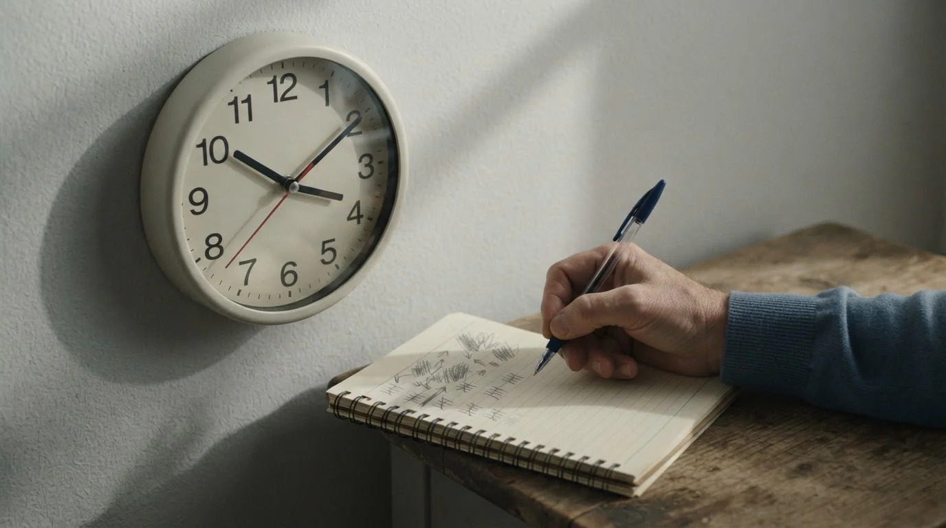 Reloj de pared junto a un cuaderno con anotaciones sobre tiempos de espera