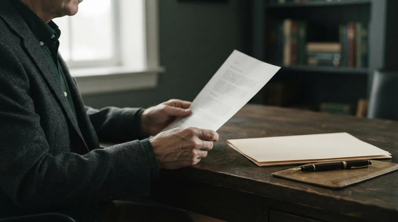 Manos sosteniendo un documento junto a una carpeta cerrada