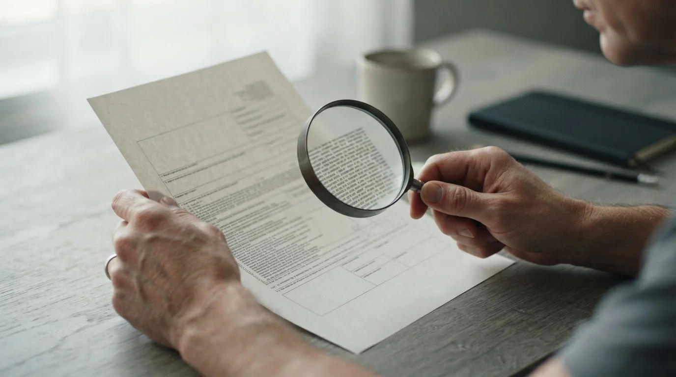 Manos revisando con lupa un documento con condiciones en letra pequeña