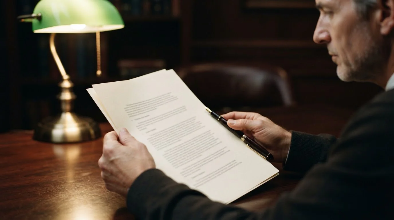 Manos leyendo un documento legal impreso junto a una lámpara de escritorio