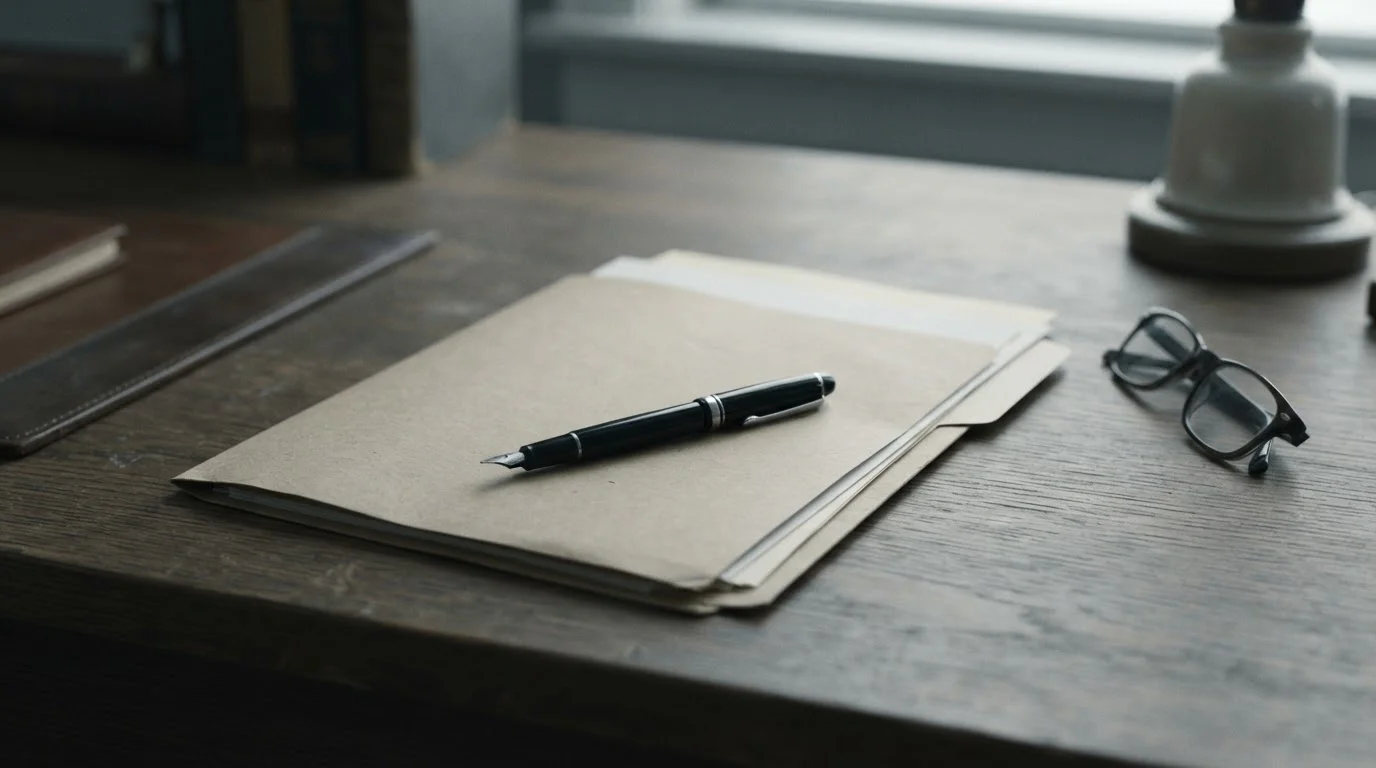 Carpeta con documentos y bolígrafo sobre un escritorio sobrio