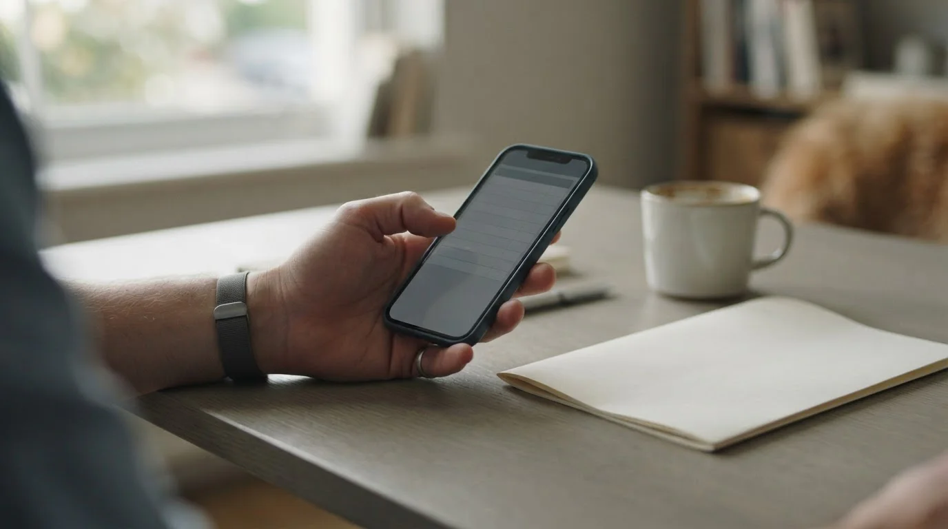 Silueta de una mano sosteniendo un teléfono con pantalla neutra junto a documentos