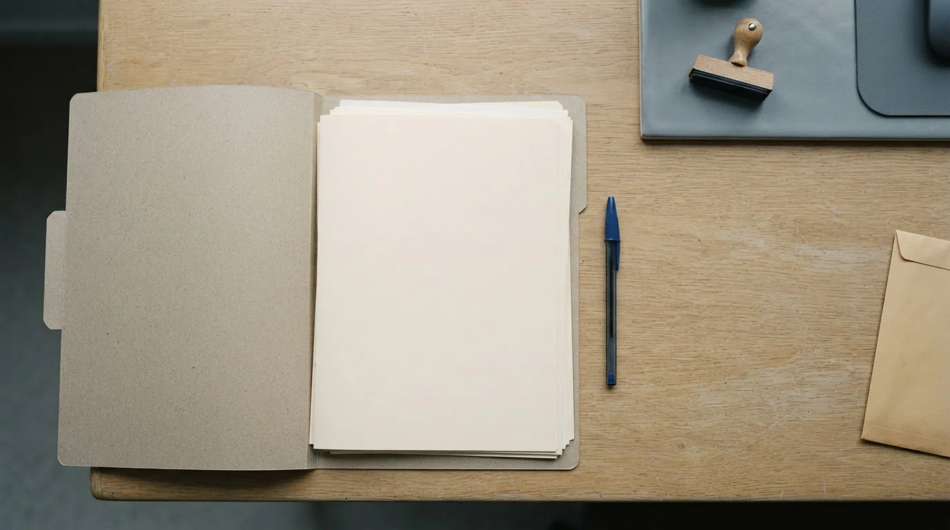 Carpeta con documentos fiscales y un sello sobre una mesa sobria