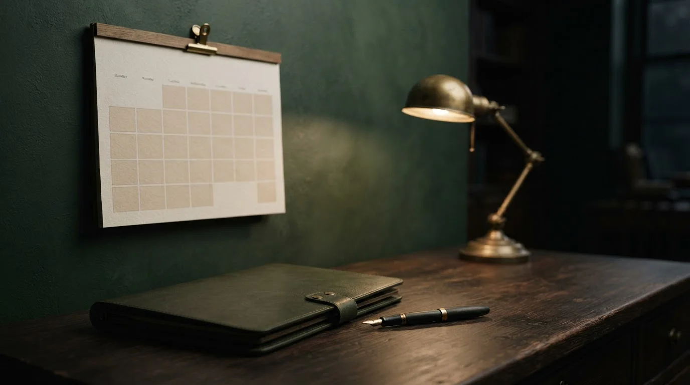 Calendario de pared y expediente sobre un escritorio sobrio