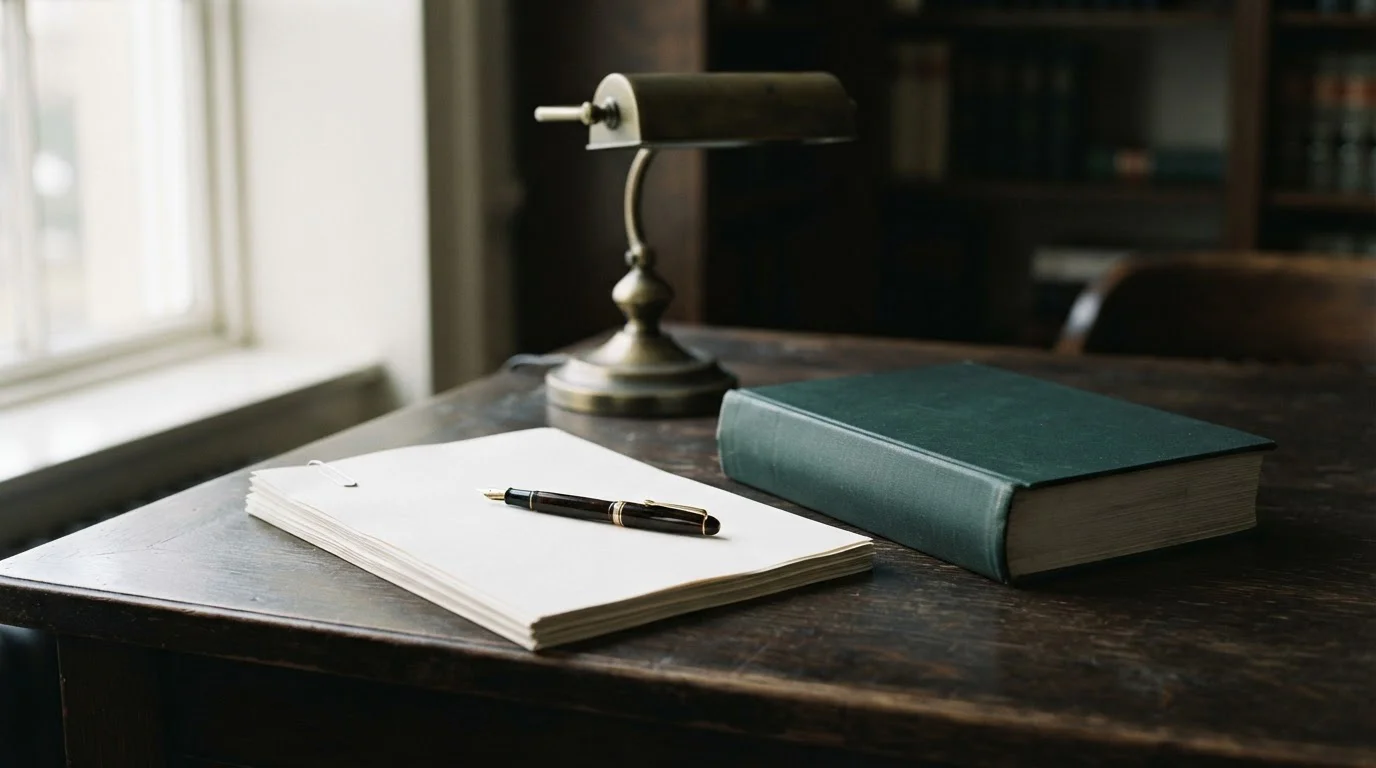 Escritorio jurídico con documentos apilados y una pluma