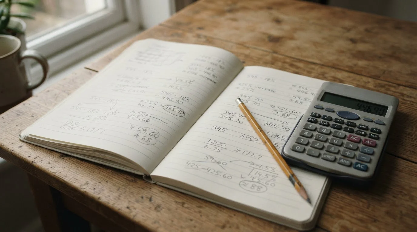 Cálculos a mano sobre una libreta junto a una calculadora sencilla