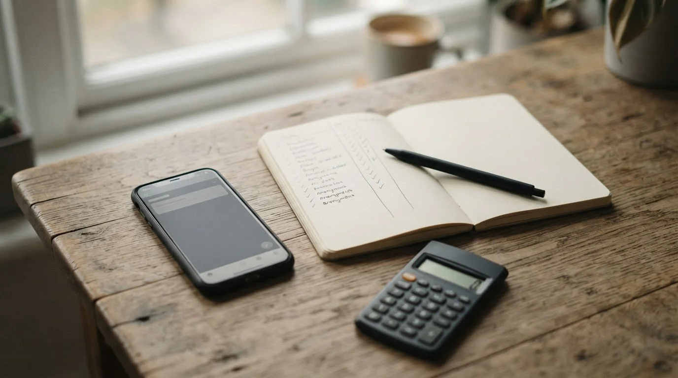 Una mesa con un móvil, una libreta con columnas manuscritas y una calculadora para revisar el coste de un bono
