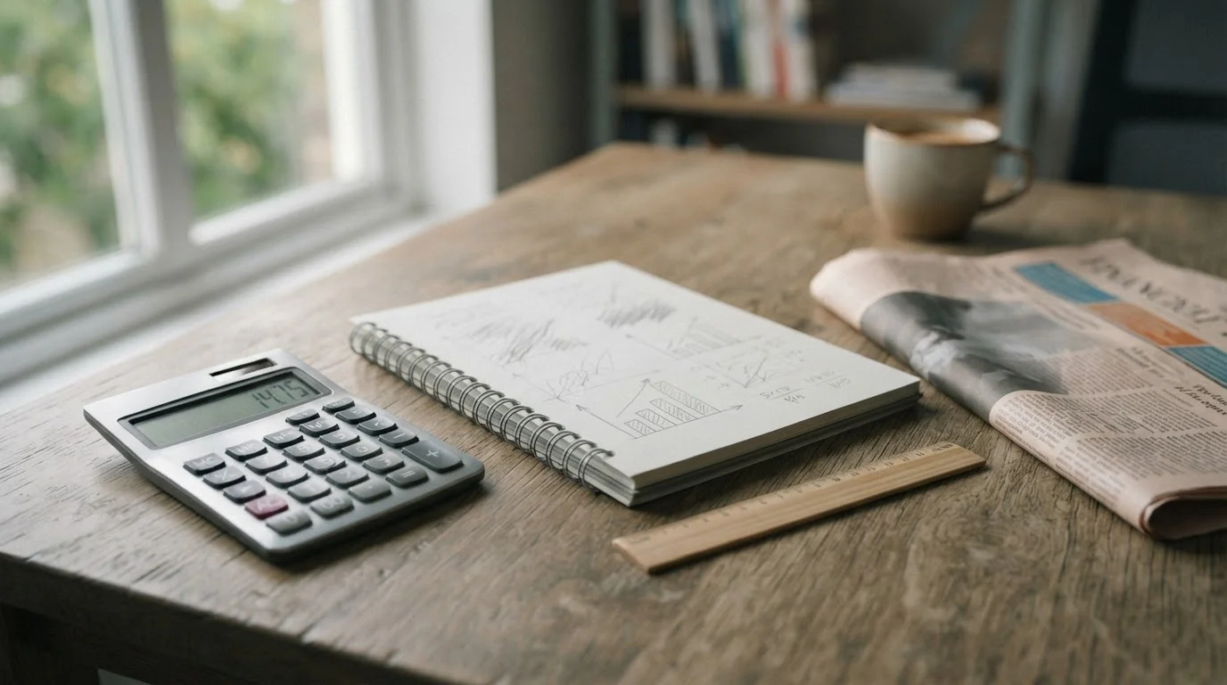 Detalle de una calculadora junto a un cuaderno con anotaciones abstractas sobre márgenes