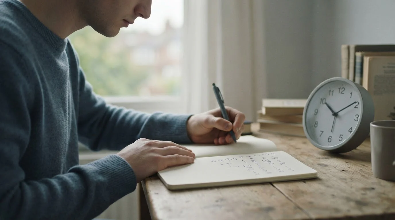 Manos anotando en un cuaderno junto a un reloj de mesa