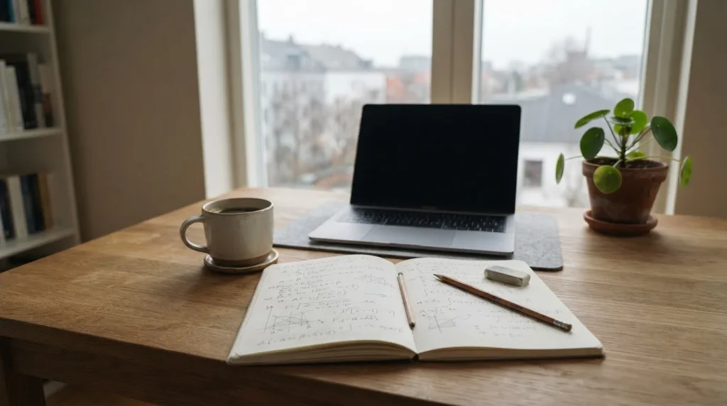Escritorio con cuaderno de cálculos y taza de café junto a una ventana
