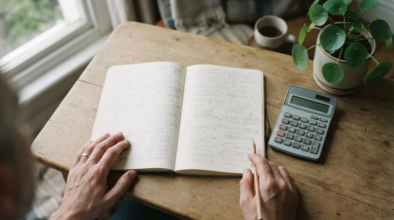 Cuaderno con cálculos sencillos y una calculadora sobre una mesa clara