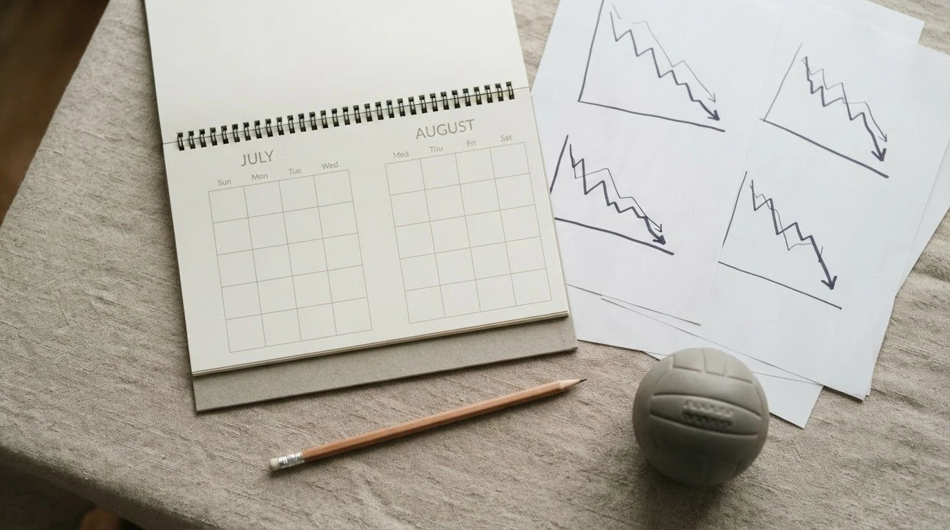 Calendario de escritorio junto a gráficos de líneas descendentes en papel